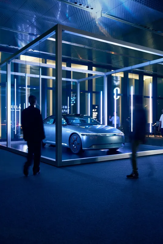 The AFEELA prototype in its glass pavilion